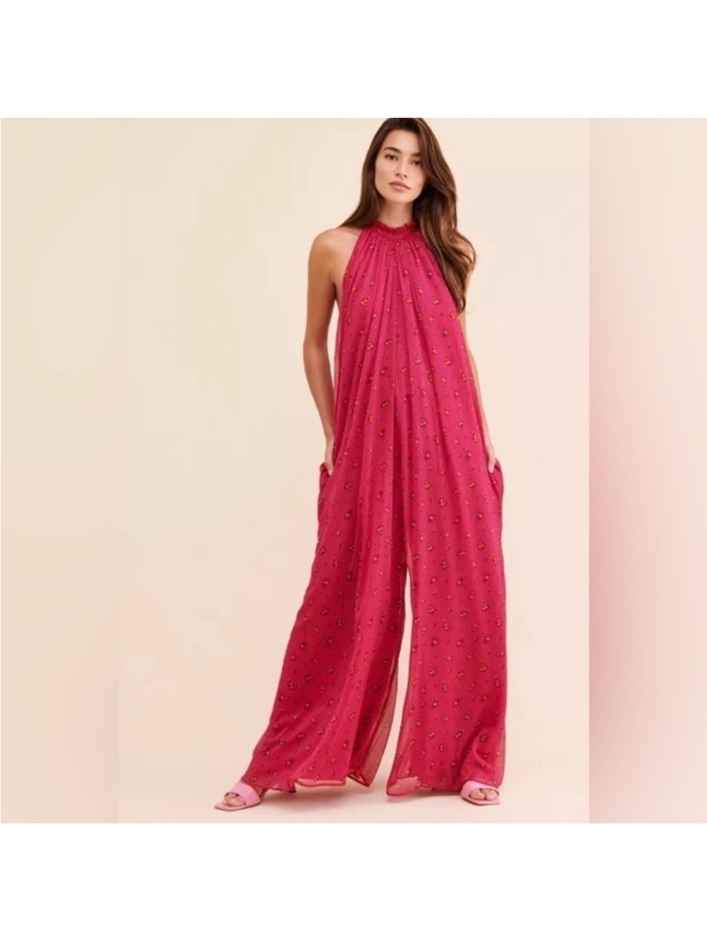 Free People THE EDGE OF THE LOVE Halter Wide-Leg Jumpsuit in Bright Pink